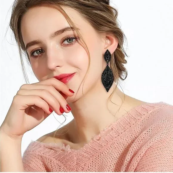 Carbon Black with Black Onyx Crystal Double Leaf Chandelier Post Back Earrings